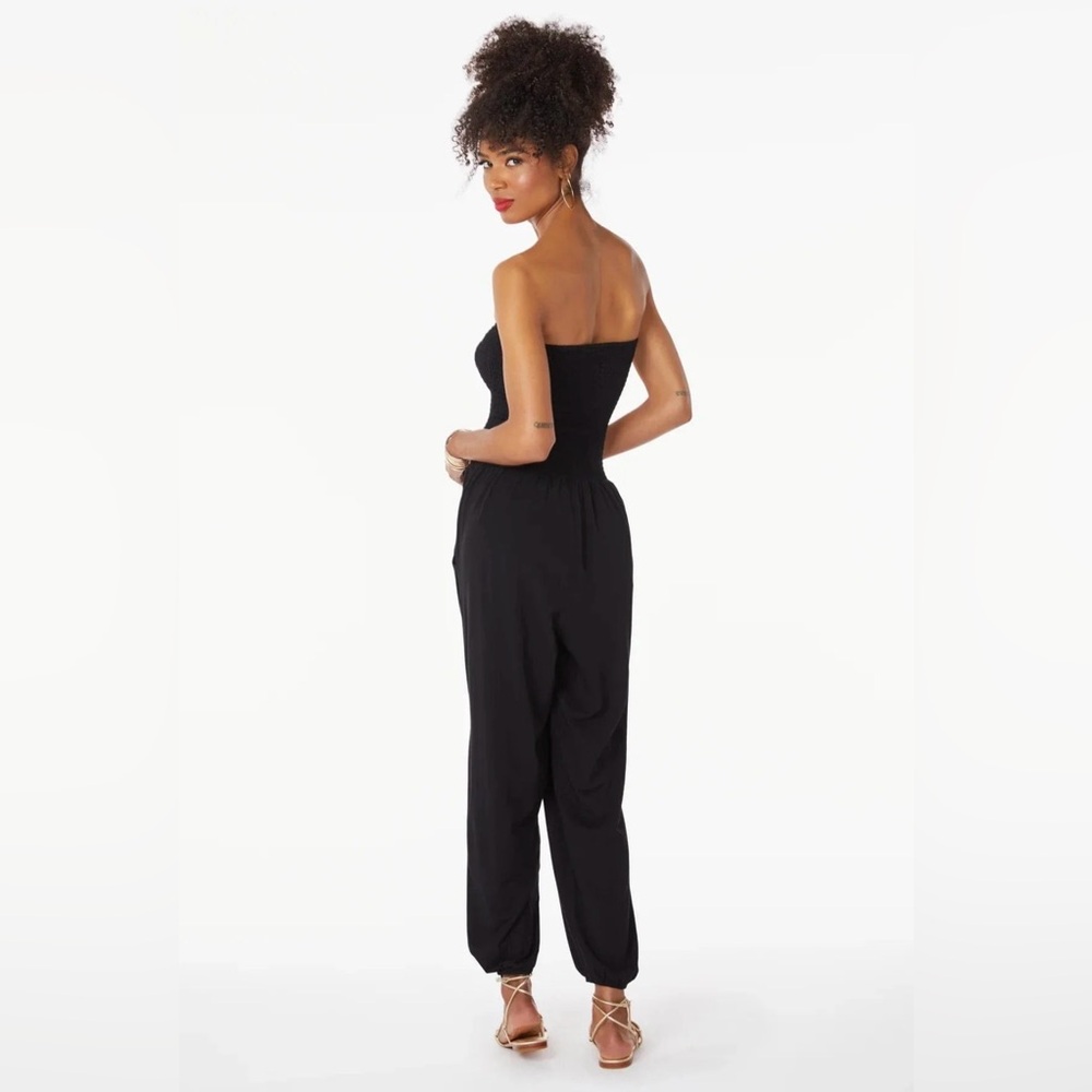 NEW bobi Los Angeles Revolve Black Strapless SlitLeg Smocked Jumpsuit SidePocket - Picture 4 of 15